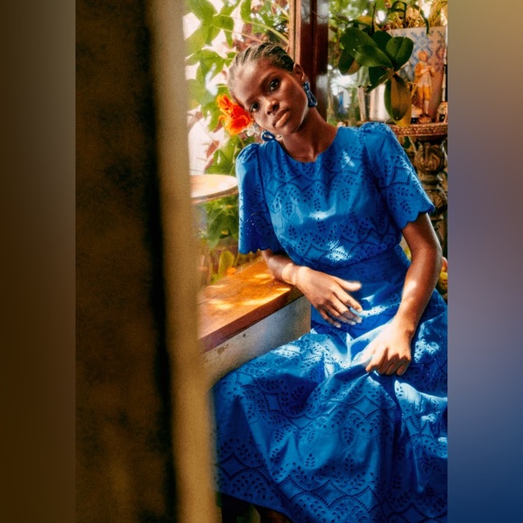 Sézane Ladya Embroidered Midi Dress in Vibrant Blue FR 44/ US 12 - Picture 2 of 13